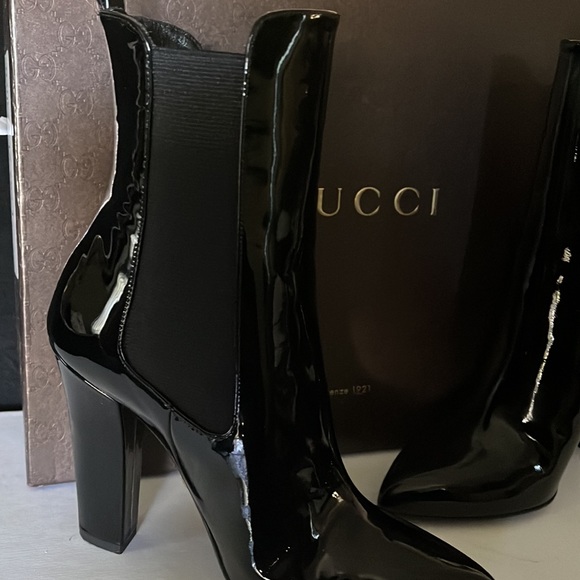 GUCCI WOMENS PATIENT LEATHER POINTED TOE HEEL PULL ON BOOTS PRE OWNED BLACK 8M - Picture 2 of 13